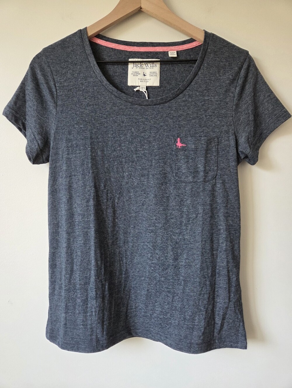 Jack Wills Blue Heather Pocket Logo Tee Pink Embroidered Bird Womens Size 6